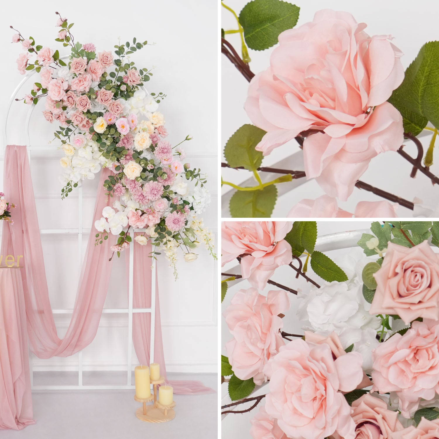 Uflower Artificial Pink Rose Green Leaf Flower Row Wedding KT Backdrop Decor